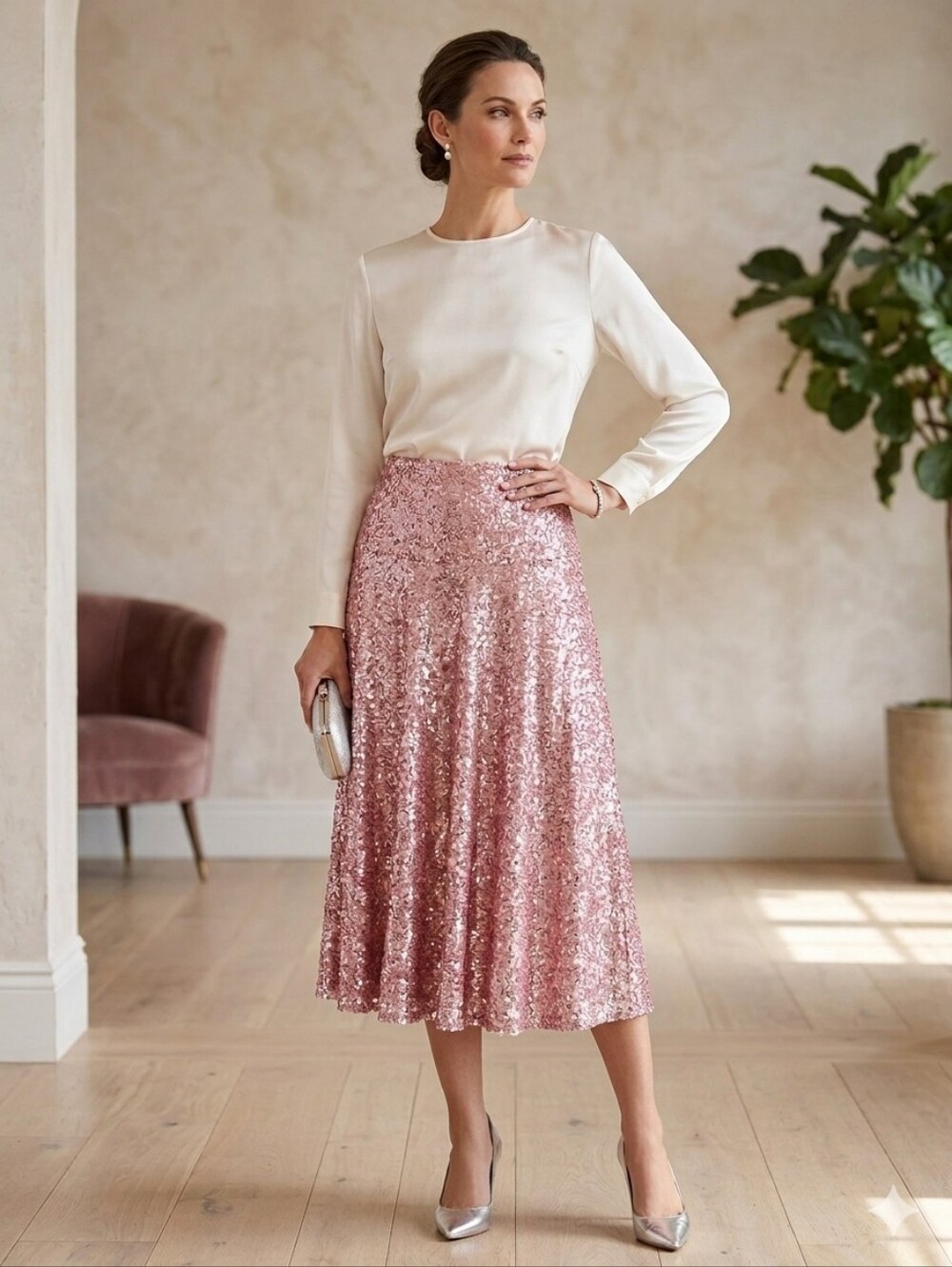 Norma Kamali Pink Sequin Midi Skirt - Rose Gold High Waisted Flare